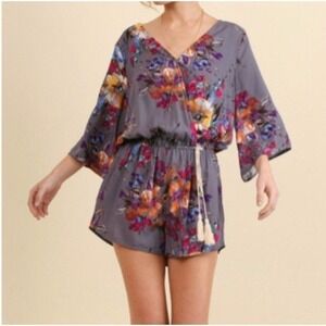 UMGEE Boho Floral Romper Gray Blue V-Neck Tassel Tie Kimono Sleeve Playsuit Sz M